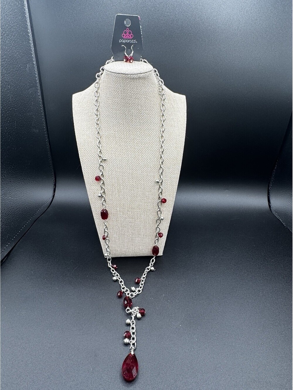 Paparazzi Red Crystal Y Necklace Set Silver Tone Long Drop Necklace Earrings NWT